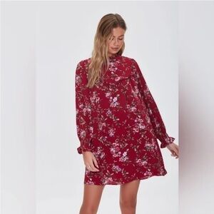 Forever 21 | Floral long Sleeve High Neck Ruffle Mini Dress Pink Size Medium